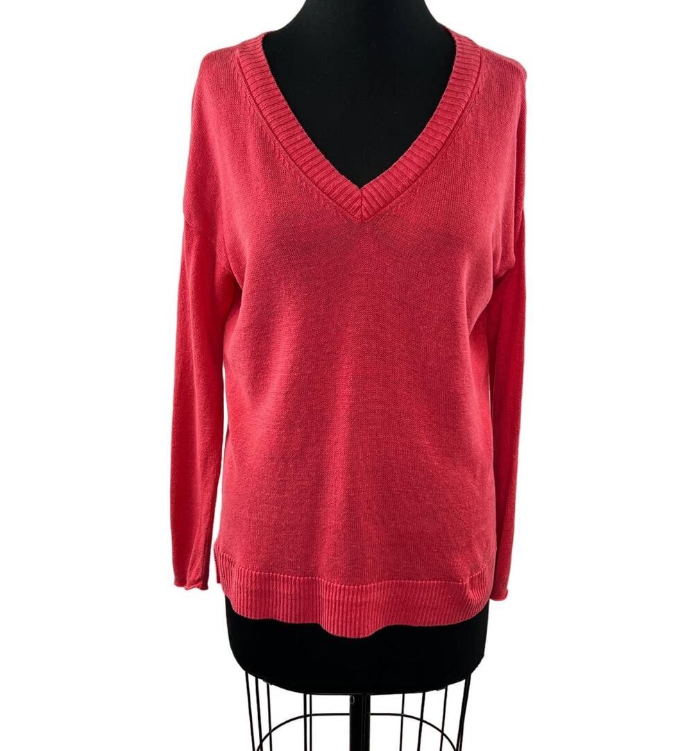 EILEEN FISHER Pink XS Knit Sweater Organic Linen V-Neck Long Sleeve Pullover